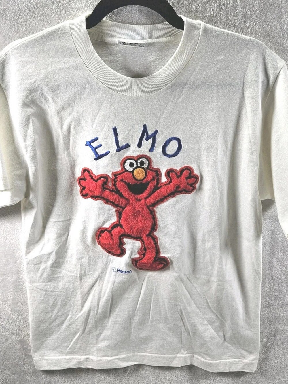 VTG Sesame Street Elmo T-Shirt Embroidered Applique White Unisex Size Medium